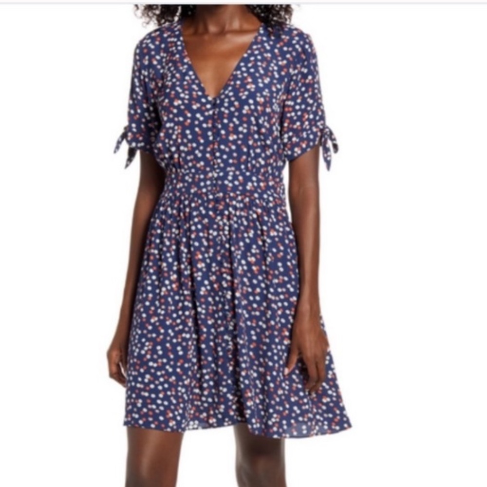 MADEWELL Tie Sleeve Button Front Dress in Mini Daisy Indigo Blue Size 4